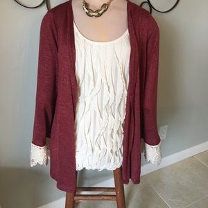 Andre by Unit cranberry and lace cardigan medium NWT